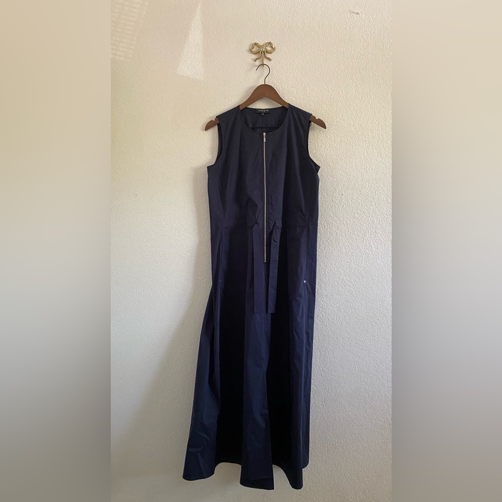 Lafayette 148 Poplin Tie Waist Front Zipper Midi Dress Sleeveless Small Pocket